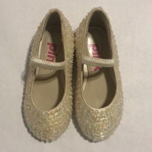 Little Miss Pink off-white iridescent shoes size 5
